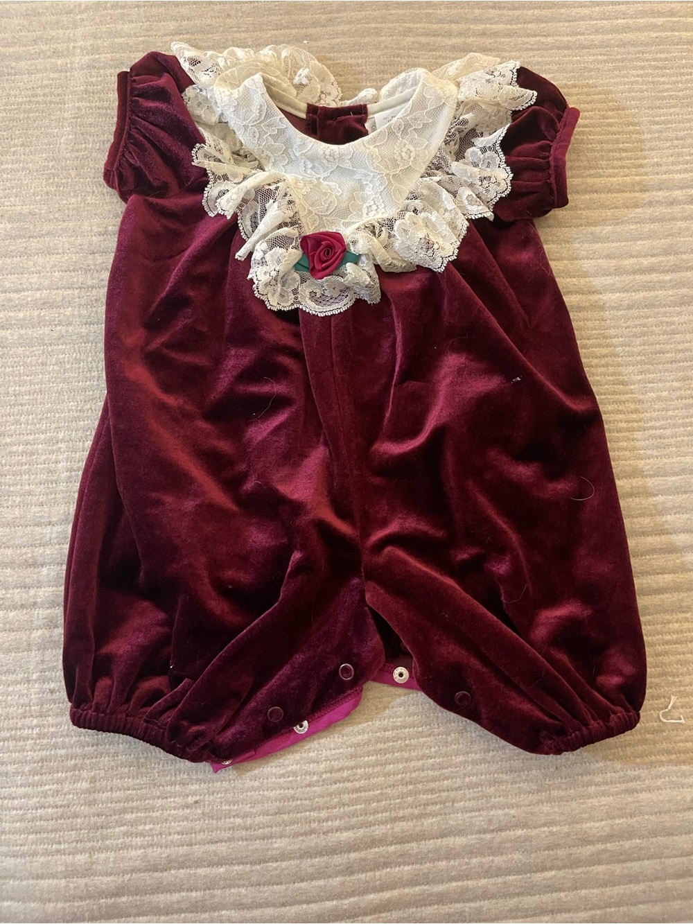 Vintage Rose Cottage Baby Romper 3 Months Burgundy Velvet Lace Christmas Holiday